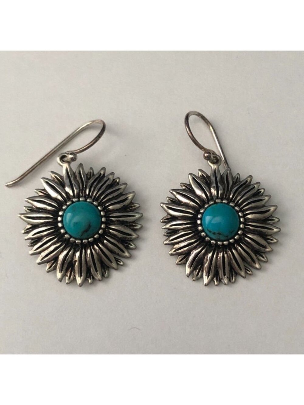 925 Sterling Silver Turquoise Stone Sunflower Dangle Earrings 1" Diameter
